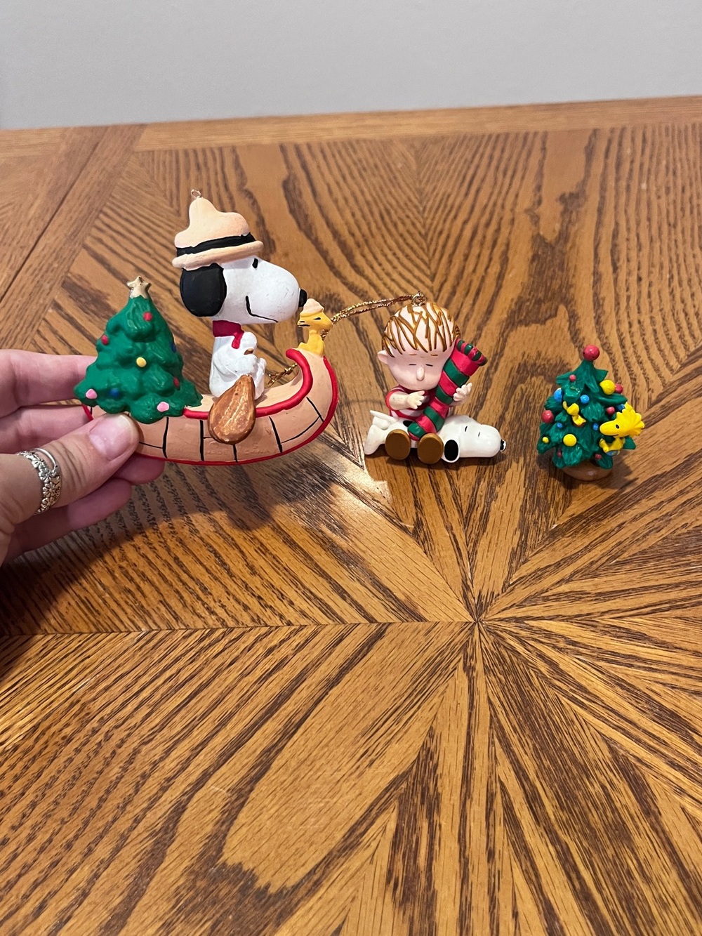 Peanuts VTG Christmas Ornament Lot of 3 - Snoopy Canoe, Linus, Woodstock Tree